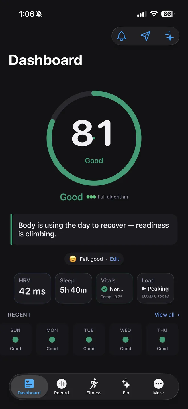 Emuqu Dashboard showing a recovery score ring of 81, Good, with HRV, Sleep, Vitals and Load chips and a week of recent results