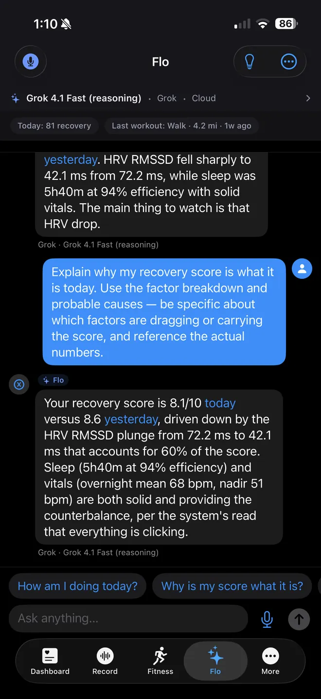Flo assistant chat explaining the day's recovery score