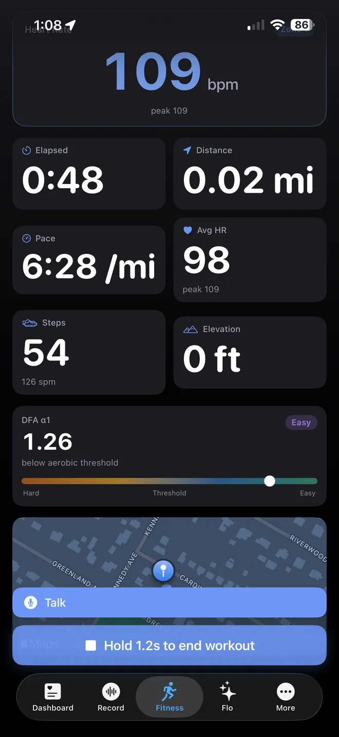 Live walk workout showing heart rate, elapsed time, distance, pace, steps, DFA alpha 1 and a route map