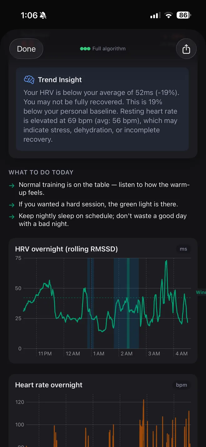 Morning report with a trend insight and an overnight HRV chart